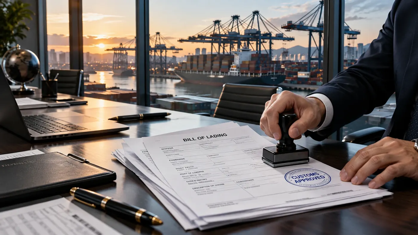 Bill of lading being stamped at a desk overlooking a container port