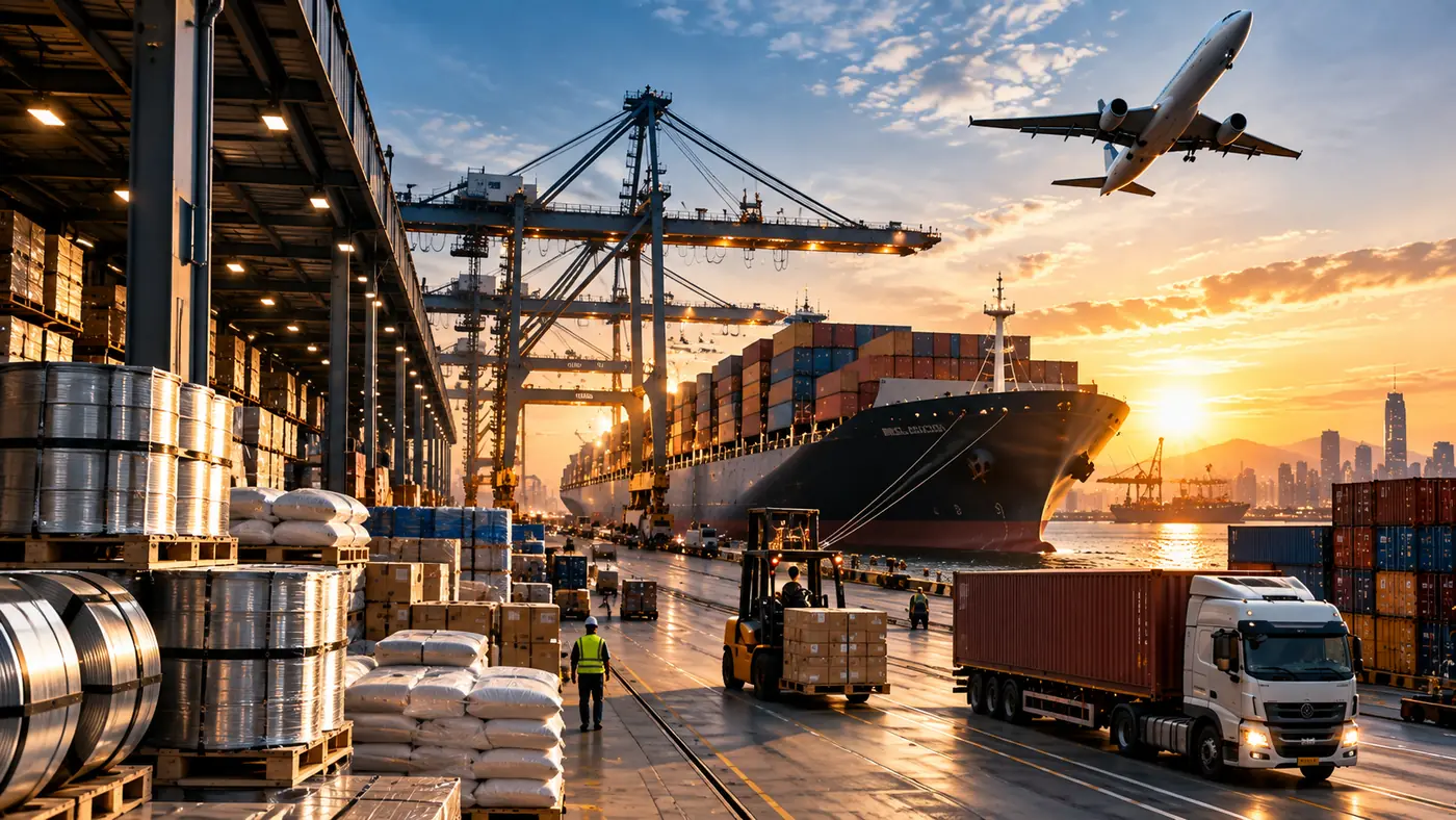 Cargo and containers on a quayside with a vessel loading