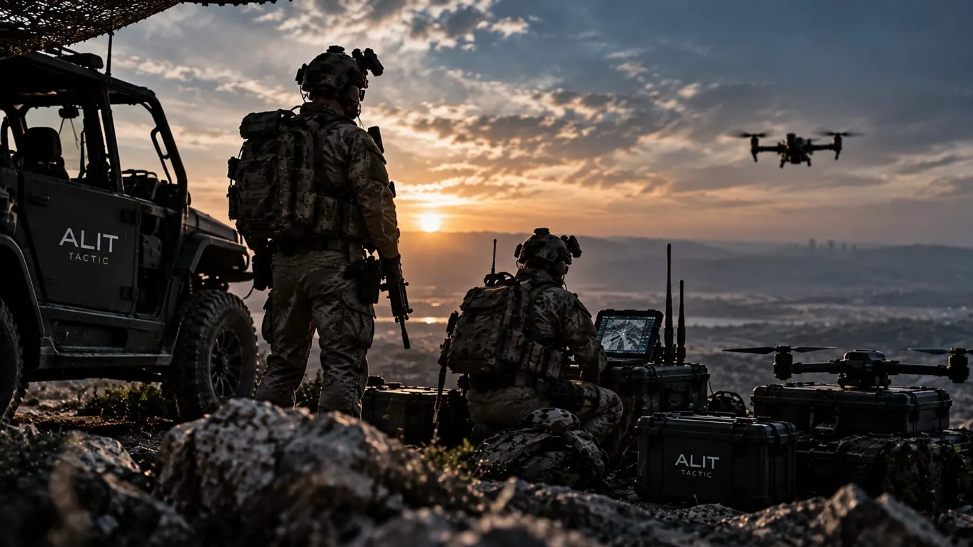 Operator in field equipment on a ridge at dusk