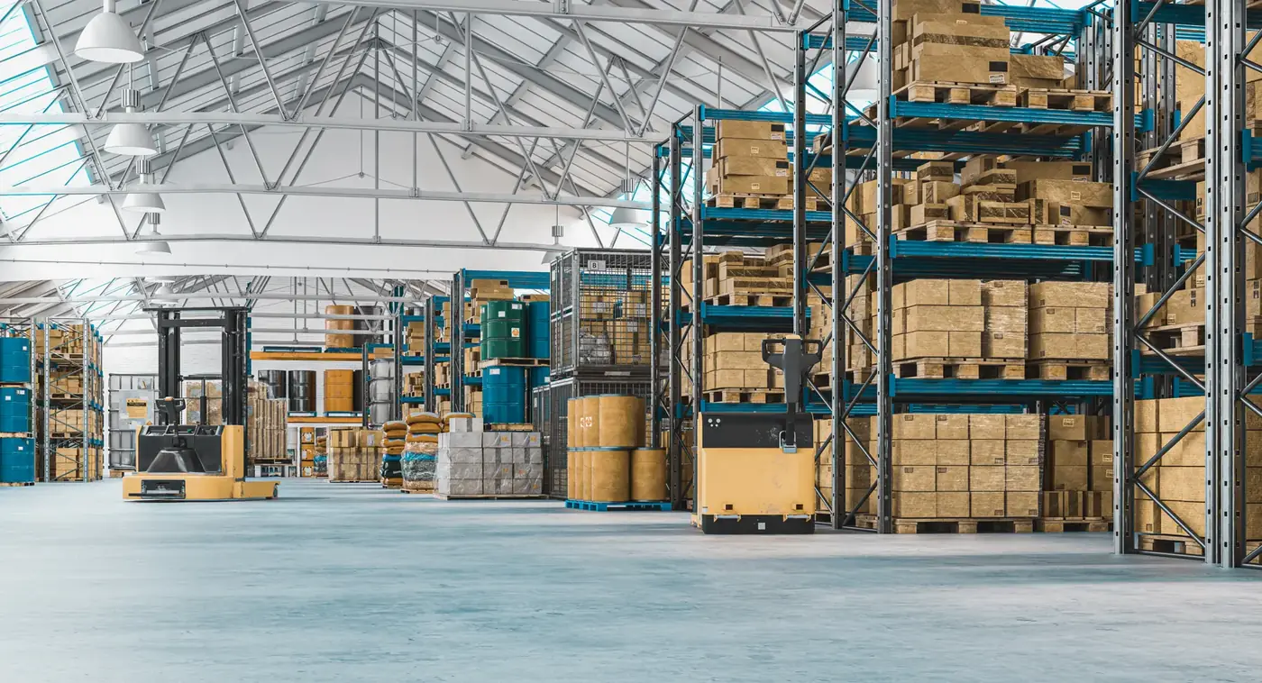 Warehouse racking with palletised goods and a forklift